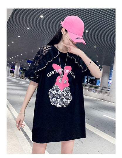 レースステッチアイスシルクニットルーズラビットプリント半袖Tシャツ<F-5038>