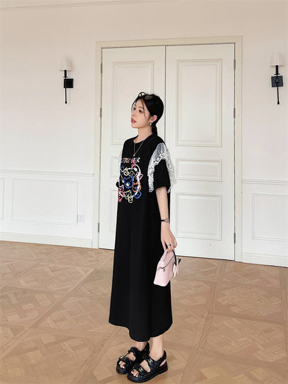 おすすめ レース ファッション 切り替え プリント Tシャツ カットソー ワンピース＜F-8535＞