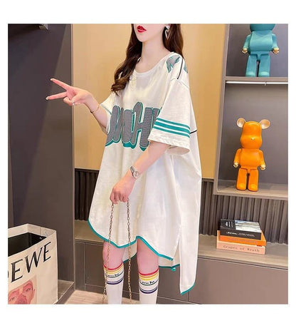 おしゃれ度アップ アルファベット フィッシュテール プリントTシャツ ゆったり半袖＜F-3012＞