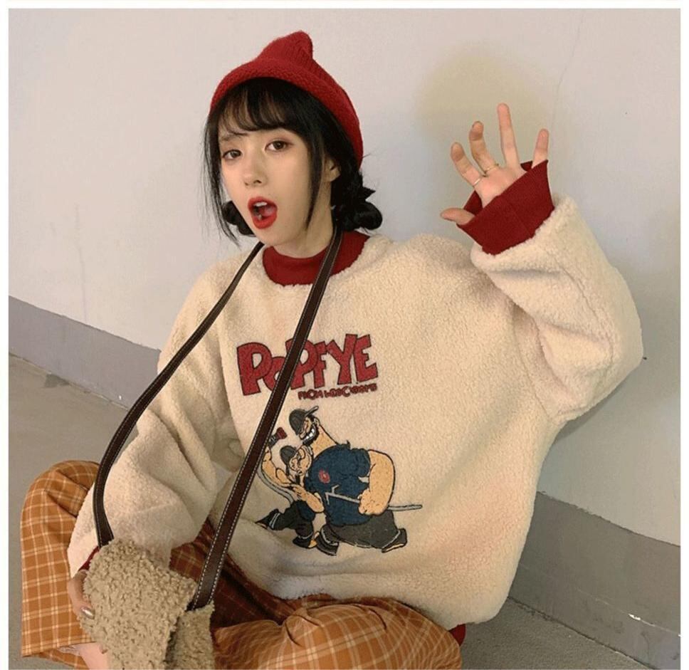 韓国系ふわふわグラフィックロゴボアスウェットトップス全2色F-4208