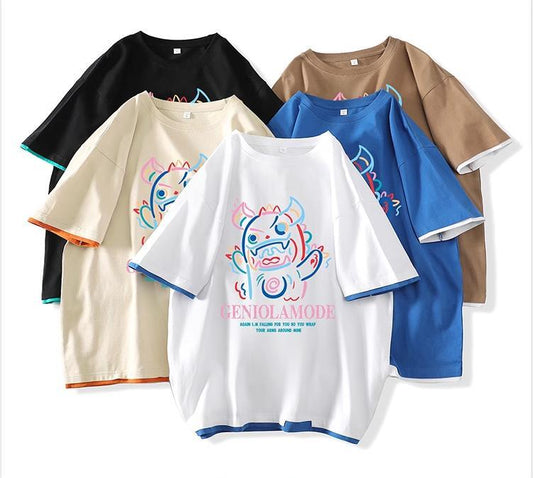 ユニセックスピュアコットン漫画プリント半袖Tシャツ<F-5115>