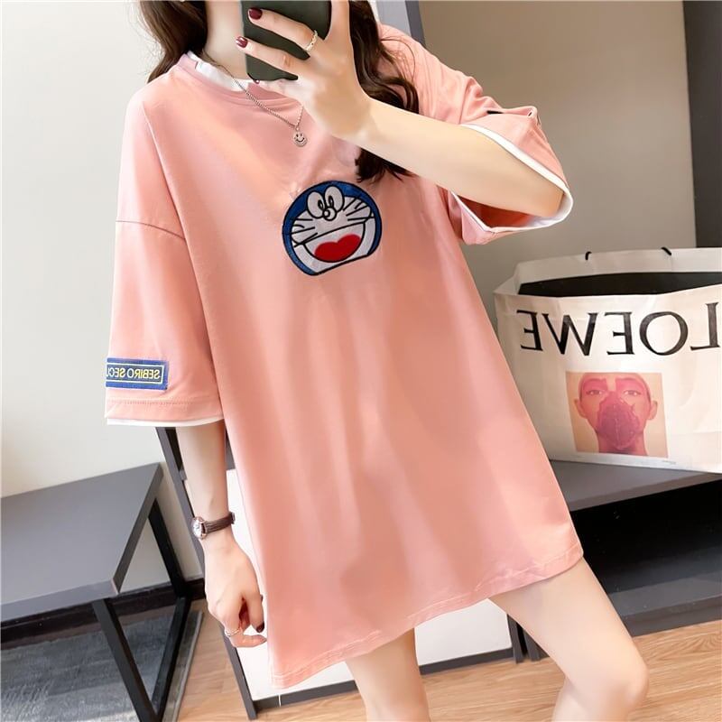 韓国系 ドロップショルダー 刺? レイヤードTシャツ ゆったり半袖 ＜F-3053＞