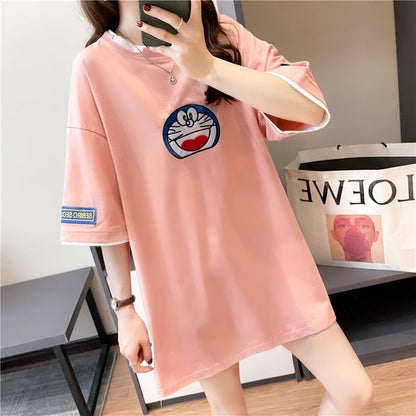 韓国系 ドロップショルダー 刺? レイヤードTシャツ ゆったり半袖 ＜F-3053＞