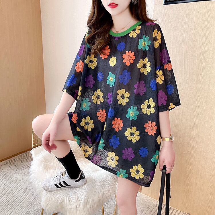 大人可愛い 半袖 紫外線対策 ラウンドネック ルーズ Tシャツ ＜F-8642＞