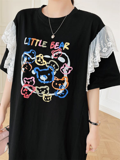 おすすめ レース ファッション 切り替え プリント Tシャツ カットソー ワンピース＜F-8535＞