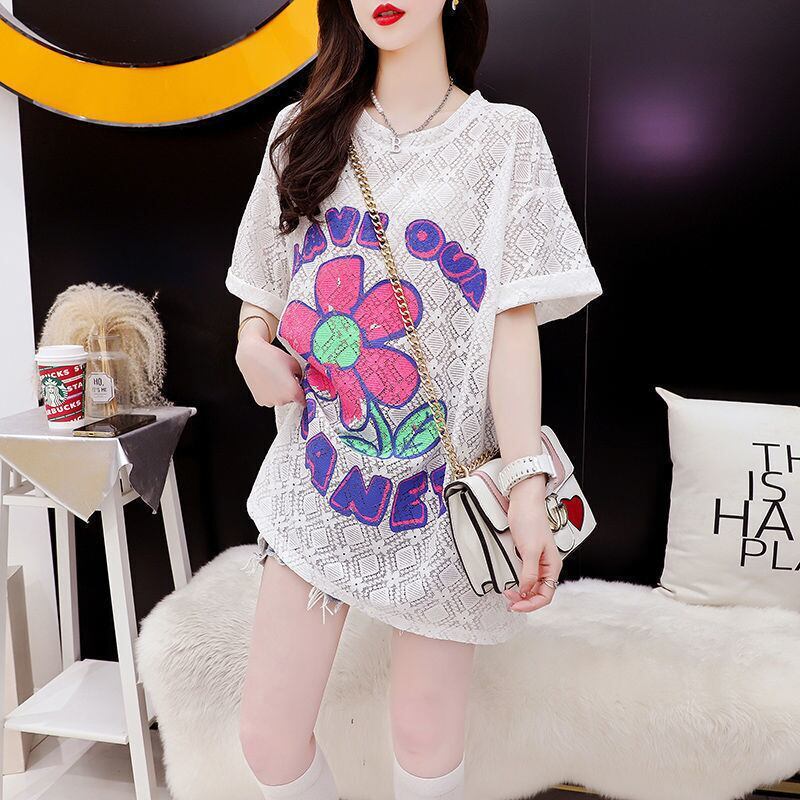 【半額！期間限定！！】新商品 切り替え 一目惚れ 透かし彫り プリント Tシャツ カットソー＜F-8523＞