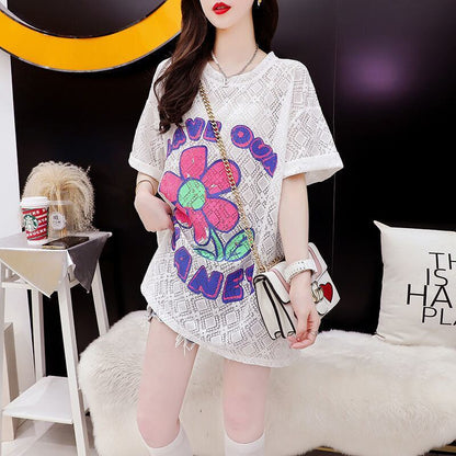 【半額！期間限定！！】新商品 切り替え 一目惚れ 透かし彫り プリント Tシャツ カットソー＜F-8523＞