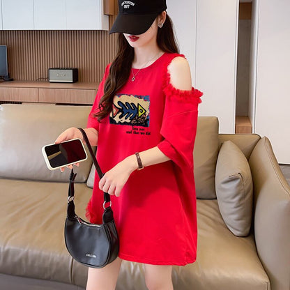 おしゃれ度高め レース 美人度アップ 切り替え プリント全4色 Tシャツ カットソー＜F-9213＞