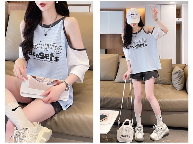 話題沸騰中   ロゴ 肌見せ 肩開き ゆったり 3色半袖Tシャツ＜F-8212＞
