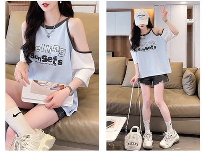 話題沸騰中   ロゴ 肌見せ 肩開き ゆったり 3色半袖Tシャツ＜F-8212＞