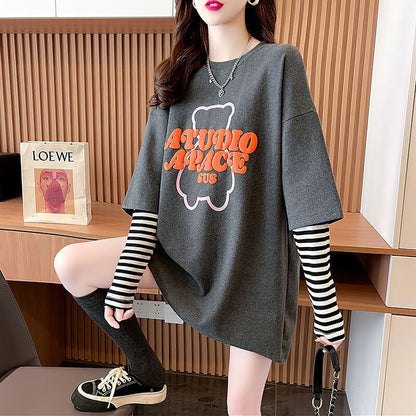 絶対流行 カジュアル アバンギャルド レイヤード風 プリント全3色 Tシャツ＜F-9587＞