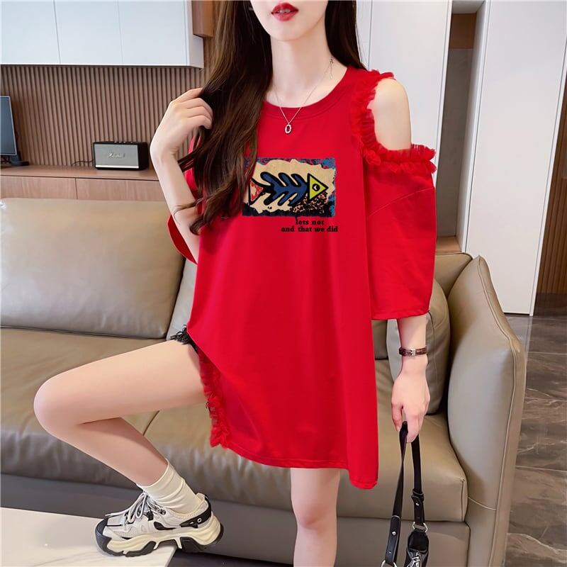 おしゃれ度高め レース 美人度アップ 切り替え プリント全4色 Tシャツ カットソー＜F-9213＞