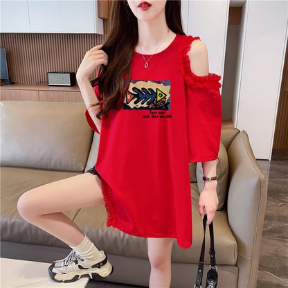 おしゃれ度高め レース 美人度アップ 切り替え プリント全4色 Tシャツ カットソー＜F-9213＞