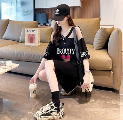 売り切れ必至 Vネック セクシー 切り替え チュール プリントTシャツ ゆったりワンピース ＜F-3050＞