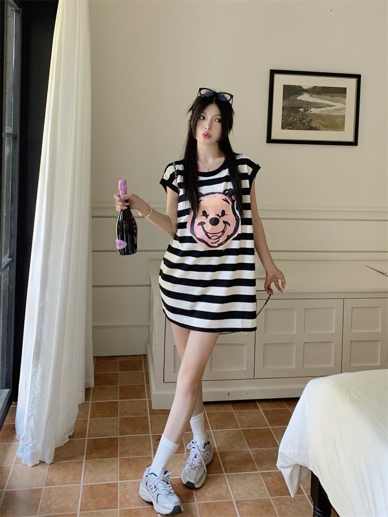 おしゃれ度アップ   ストライプ柄 Tシャツ ゆったり ワンピース＜F-2977＞