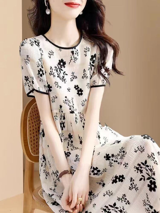 好感度UP シフォン ファッション 花柄 半袖ワンピース<F-8459>