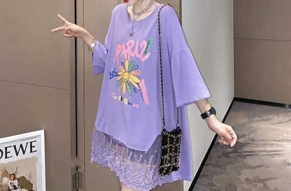 スウィート   レース プリント ロングTシャツ ゆったり半袖＜F-2952＞