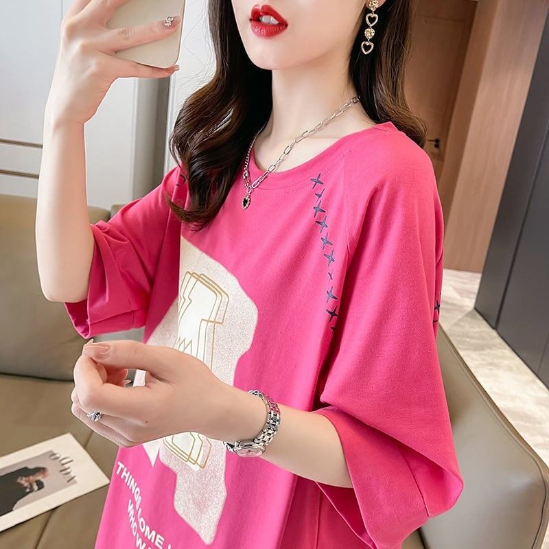 超人気商品 ロング アルファベット プリントTシャツ 三色 ゆったり半袖 ＜F-4019＞
