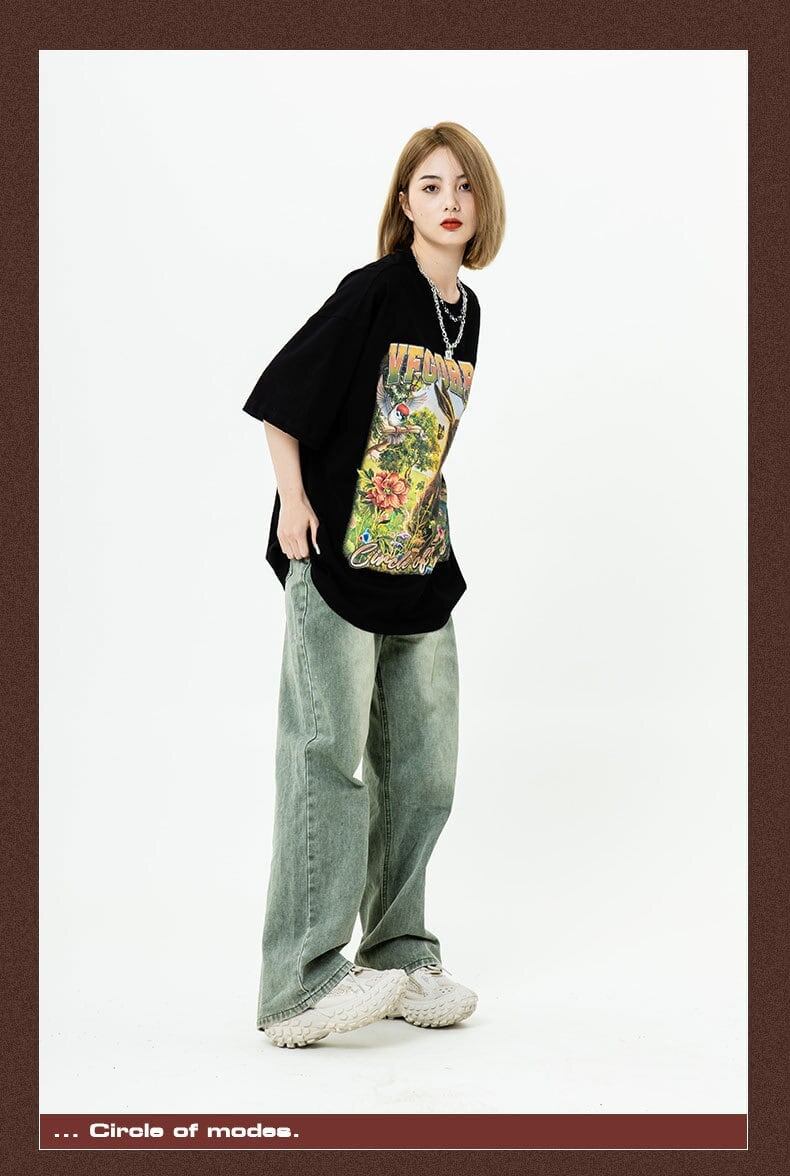 アメリカンレトロ絵画ウサギ半袖Tシャツカップル男女同スタイル<F-2910>