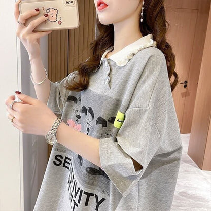 夏新作 アルファベットプリント POLOネック ロング Tシャツ ゆったりワンピース ＜F-3038＞