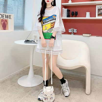 デザインセンス中空プリントTシャツルーズトップス<F-2877>
