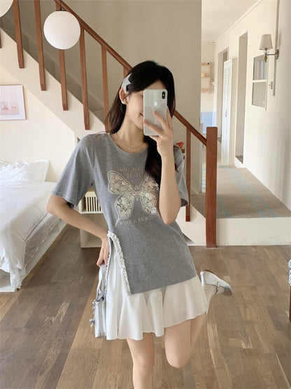 絶対欲しい キュート 超人気 ピンク プリント スパンコール 3色選択 半袖Tシャツ＜F-8570＞
