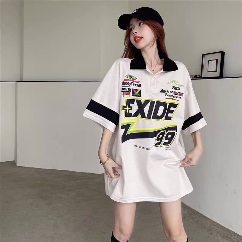 韓国系   POLOネック ロング Tシャツ 三色 ゆったりワンピース＜F-4025＞