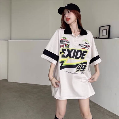 韓国系   POLOネック ロング Tシャツ 三色 ゆったりワンピース＜F-4025＞