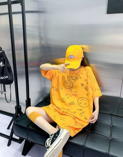 売り切れ必至 ゆったり ファッション感満々 ロング丈 3色半袖Tシャツ＜F-9086＞