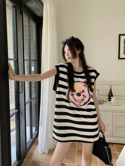 おしゃれ度アップ   ストライプ柄 Tシャツ ゆったり ワンピース＜F-2977＞