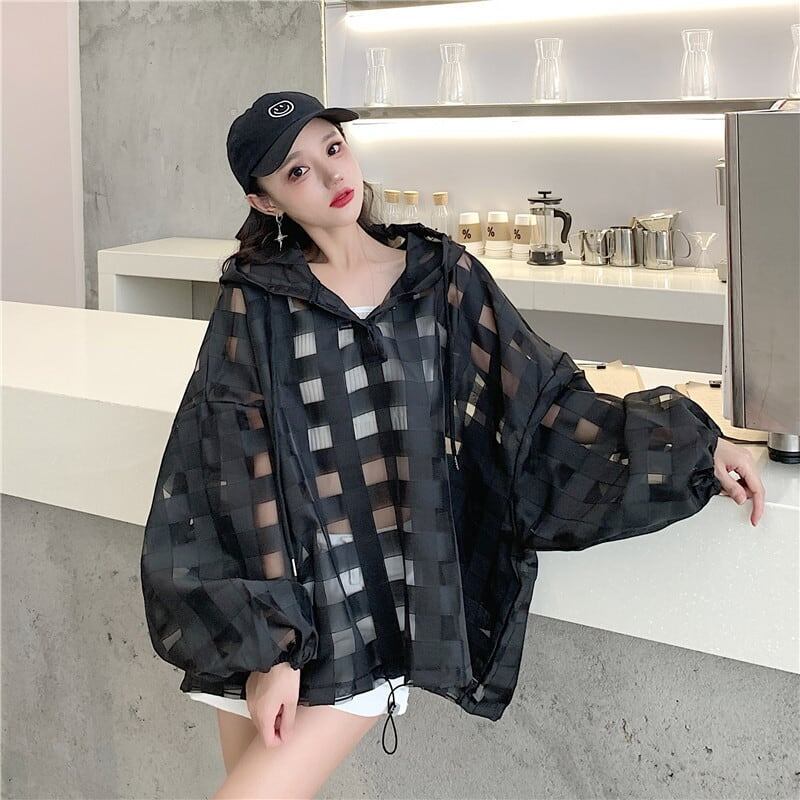 大人気 チェック柄 ゆったり 日焼け対策 UVカット 冷房対策 着?せ 長袖 フード付き シャツ ＜F-1910＞