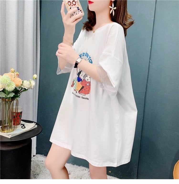 優しい雰囲気   バックオープン ロングTシャツ ゆったり半袖＜F-2939＞