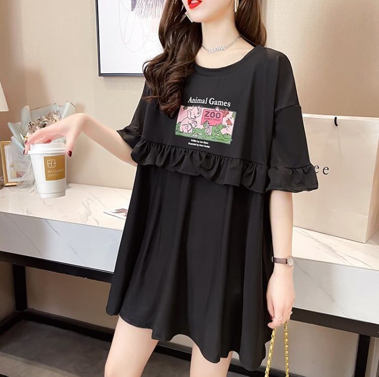 ミドル丈のイレギュラー半袖Tシャツワンピース<F-5007>