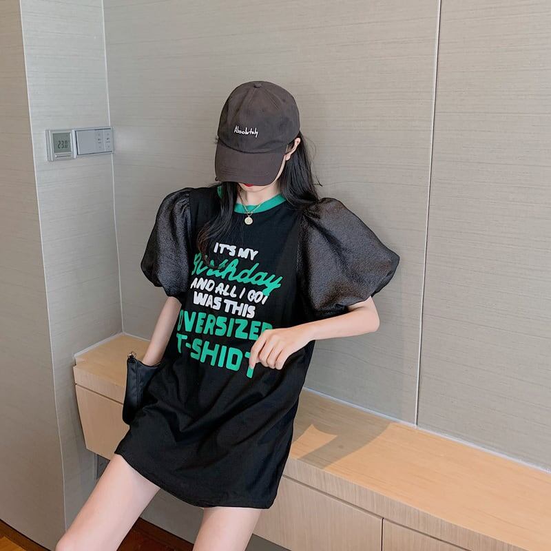 話題沸騰中 パフスリーブ ファッション プリント 全2色 半袖 Tシャツ <F-8662>