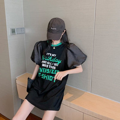 話題沸騰中 パフスリーブ ファッション プリント 全2色 半袖 Tシャツ <F-8662>
