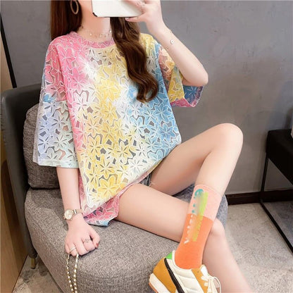 オシャレ度満点 ラウンドネック スタイリッシュ 透かし彫り Tシャツ カットソー＜F-2957＞