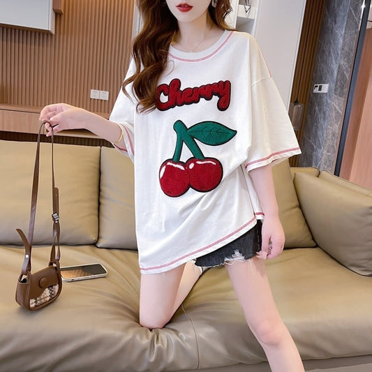 おすすめ新作 Tシャツ チェリー刺 ゆったり半袖＜F-2971＞