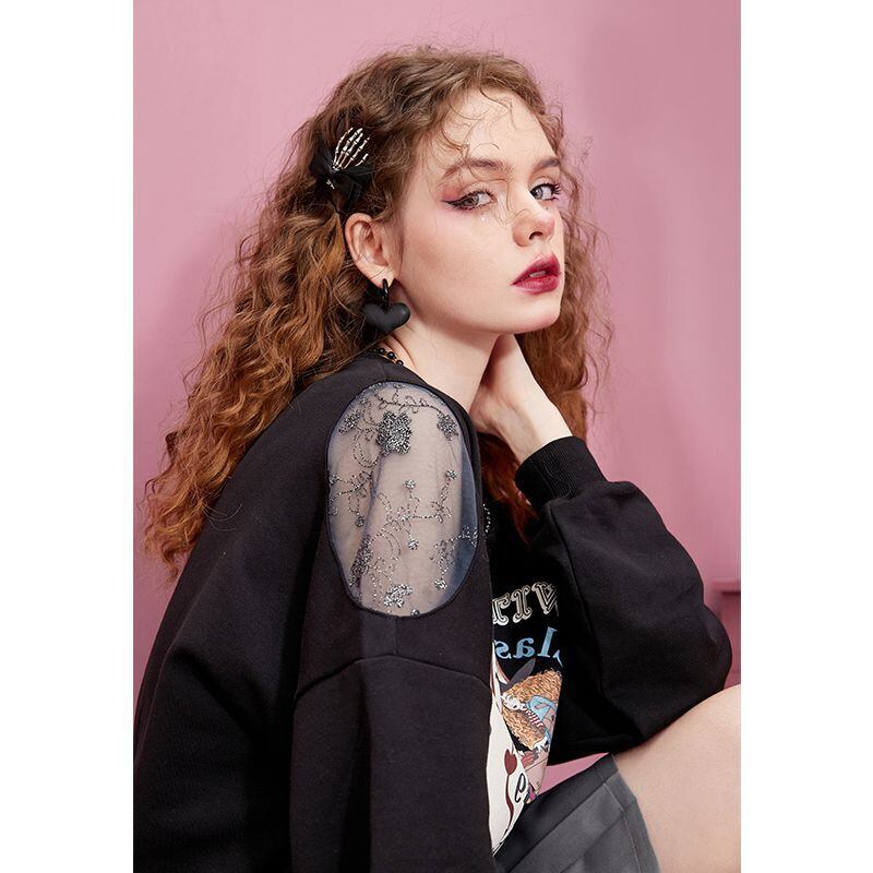 ファッショングラフィックプリントブラックスウェット長袖Ｔシャツ<F-4281>