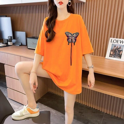 最新デザインセンス刺繍純綿ルーズ半袖Tシャツ<F-2949>
