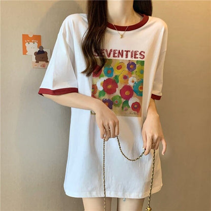 着せ   プリント Tシャツ 四色 ゆったり半袖 ＜F-3019＞