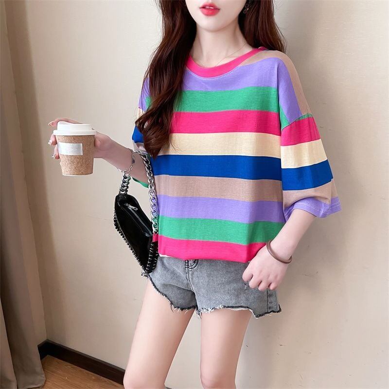 新商品 ストライプ柄 定番シンプル Tシャツ ゆったり半袖＜F-8700＞