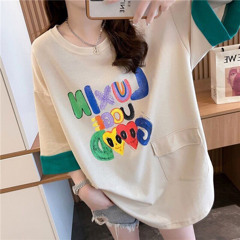 絶対欲しい プリント ラウンドネック 切り替え 全2色 半袖Tシャツ ＜F-8672＞