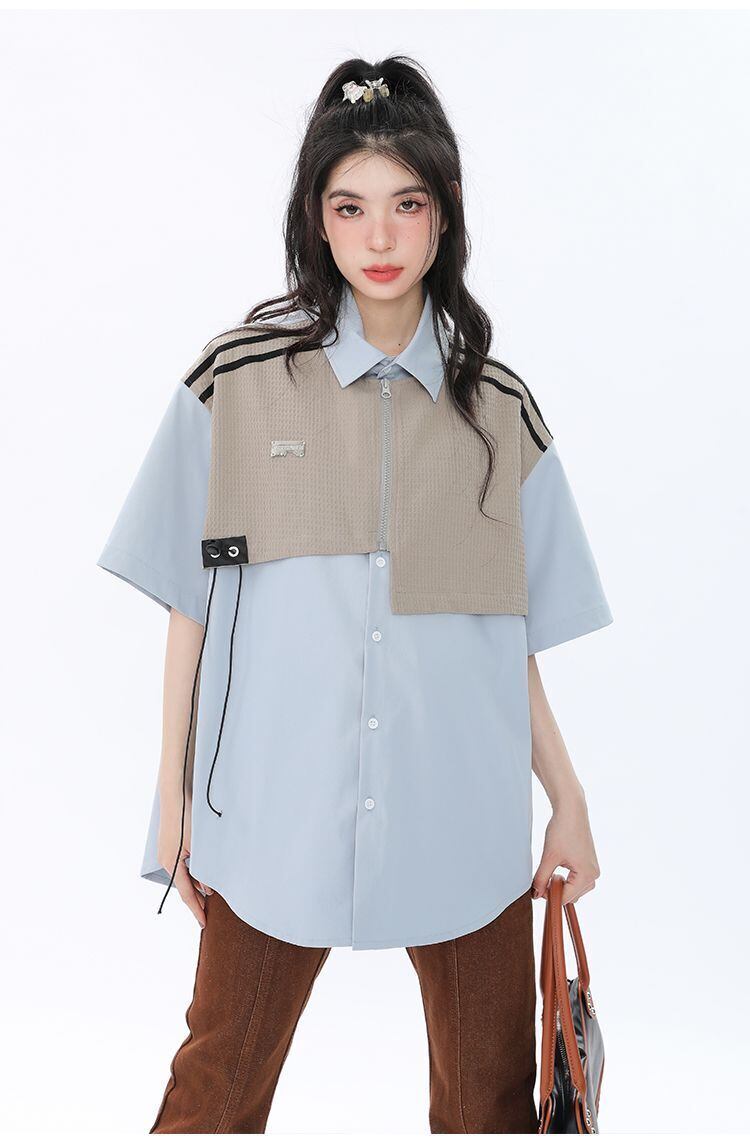 期間限定 ファッション 個性派 レイヤード風 切り替え プリント全3色 男女兼用 半袖TシャツF-9044