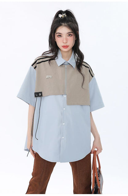 期間限定 ファッション 個性派 レイヤード風 切り替え プリント全3色 男女兼用 半袖TシャツF-9044