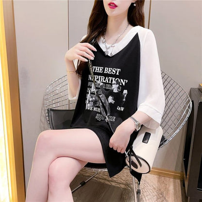 好感度満載 切り替え 美感いっぱい プリント Tシャツ カットソー＜F-3479＞
