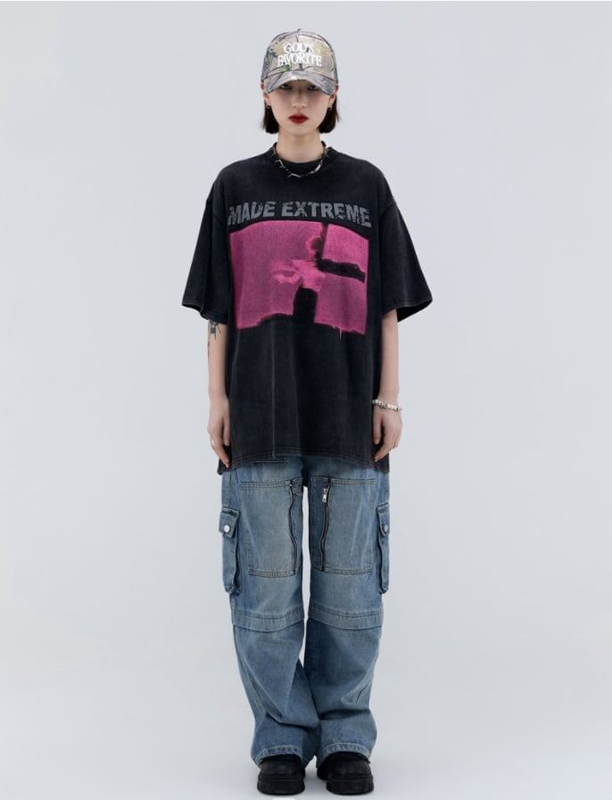 アメリカのストリートタイドブランド   レトロロックプリント半袖Tシャツ<F-2892>