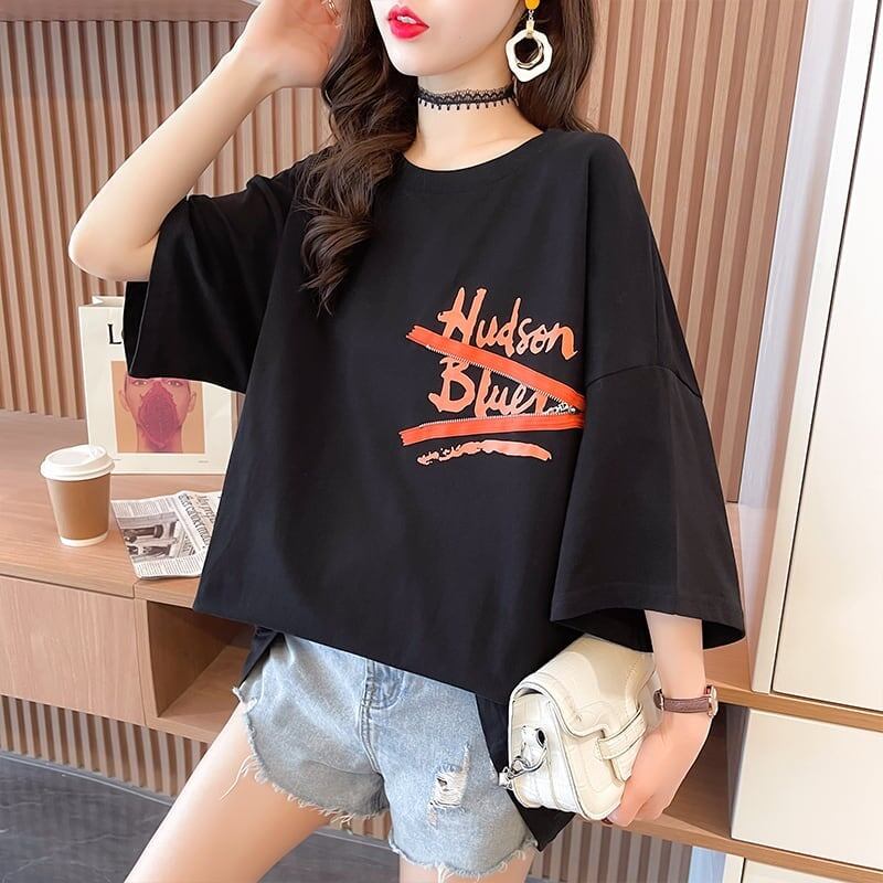デザイン個性ゆったりミドル丈半袖TシャツF-3036