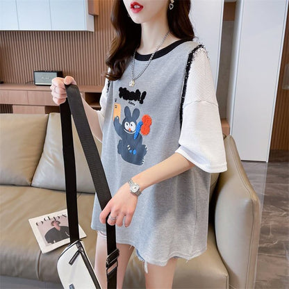 ワッフルフェイクツーピース漫画立体刺繍半袖Tシャツ<F-2871>