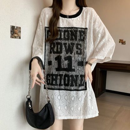 超人気 アバンギャルド 絶対流行 レース プリント全2色 半袖TシャツF-8798