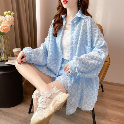 韓国風ファッション 着心地良い スタイルアップ 全3色 シャツ＋ショートパンツ セットアップ＜F-9085＞